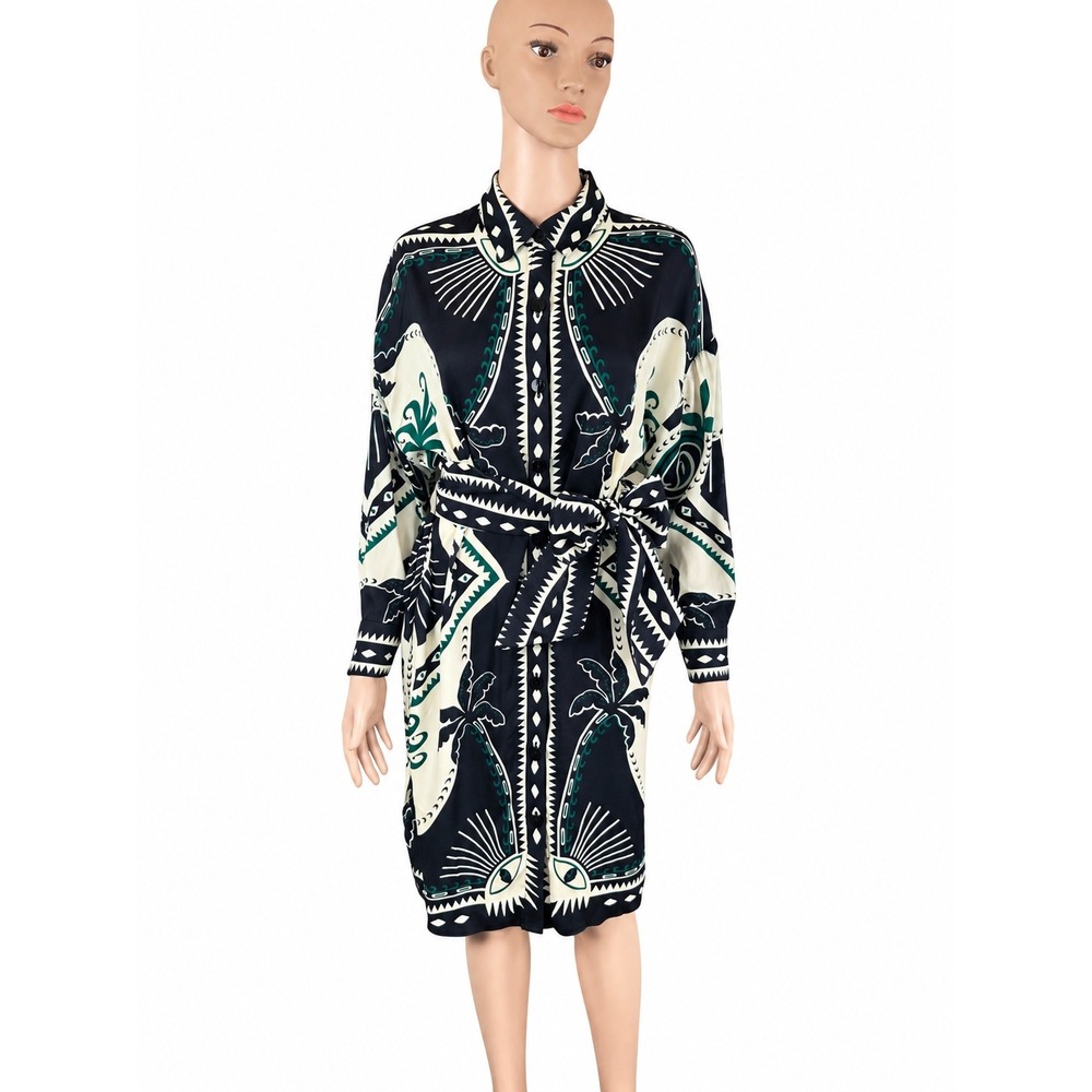 FARM Rio Shirt Dress Size S Black Green Graphic Print Belted Button Front